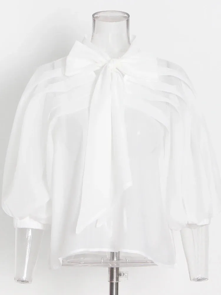 Loose Ruched Shirt For Women Bowknot Collar Lantern Sleeve Solid Minimalist Blouses Female Summer Clothing Fashion