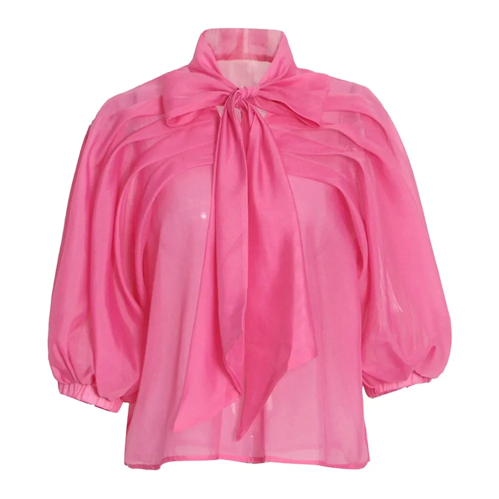 Loose Ruched Shirt For Women Bowknot Collar Lantern Sleeve Solid Minimalist Blouses Female Summer Clothing Fashion