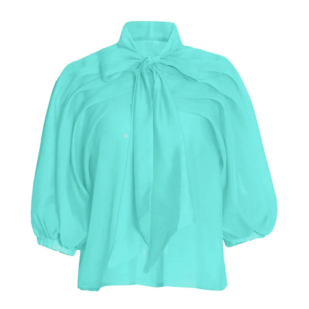 Loose Ruched Shirt For Women Bowknot Collar Lantern Sleeve Solid Minimalist Blouses Female Summer Clothing Fashion