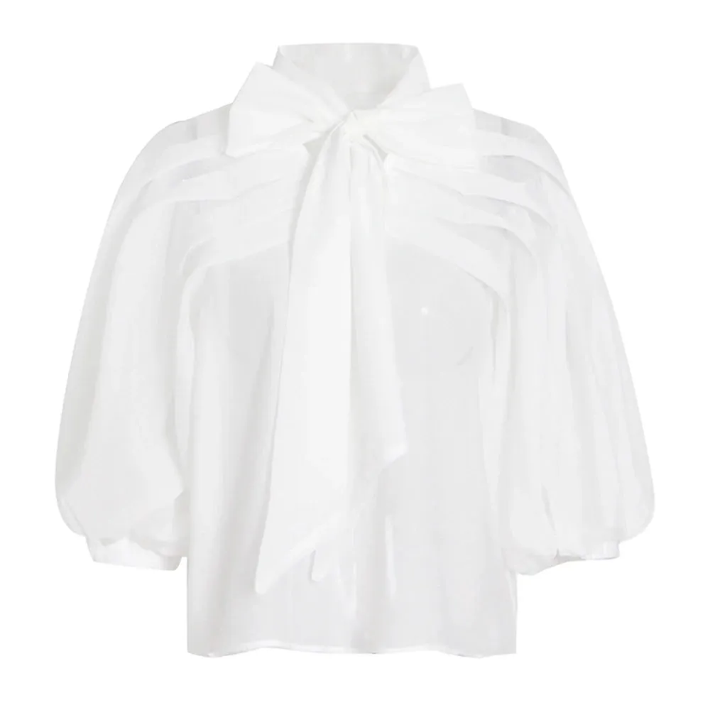 Loose Ruched Shirt For Women Bowknot Collar Lantern Sleeve Solid Minimalist Blouses Female Summer Clothing Fashion