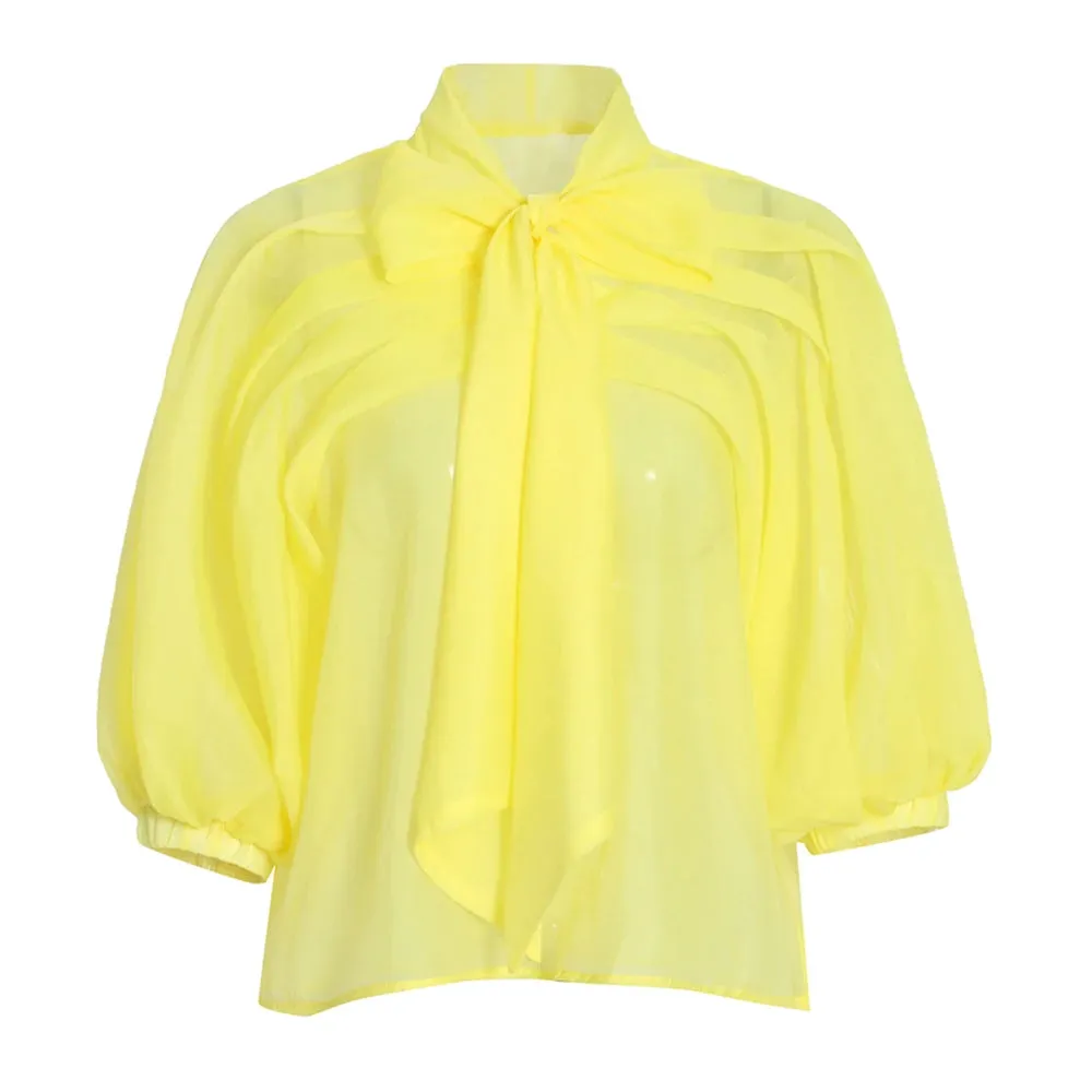Loose Ruched Shirt For Women Bowknot Collar Lantern Sleeve Solid Minimalist Blouses Female Summer Clothing Fashion