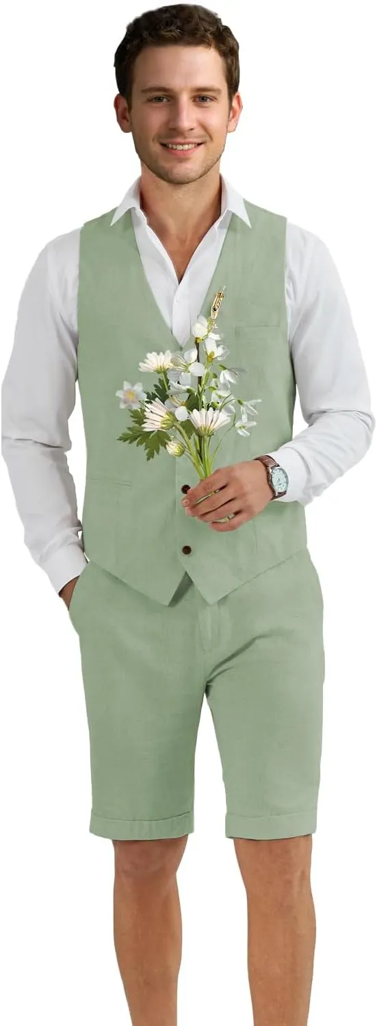 Men Suit Linen Set Vest and Pants Slim Fit Outfit 2 Pieces Casual Style Homecoming Summer Wedding Stylish