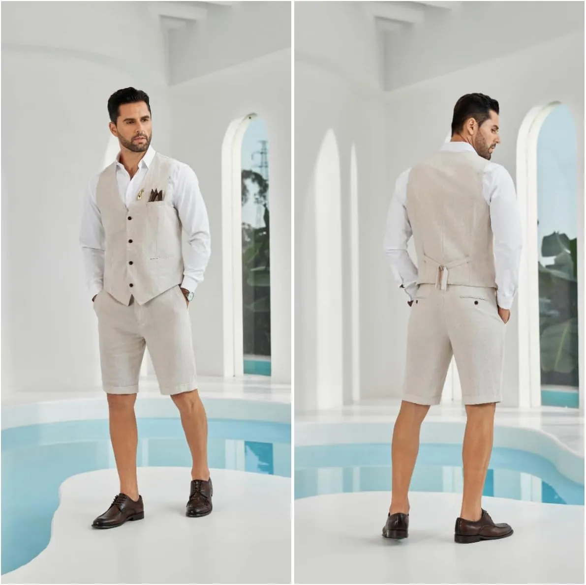 Men Suit Linen Set Vest and Pants Slim Fit Outfit 2 Pieces Casual Style Homecoming Summer Wedding Stylish