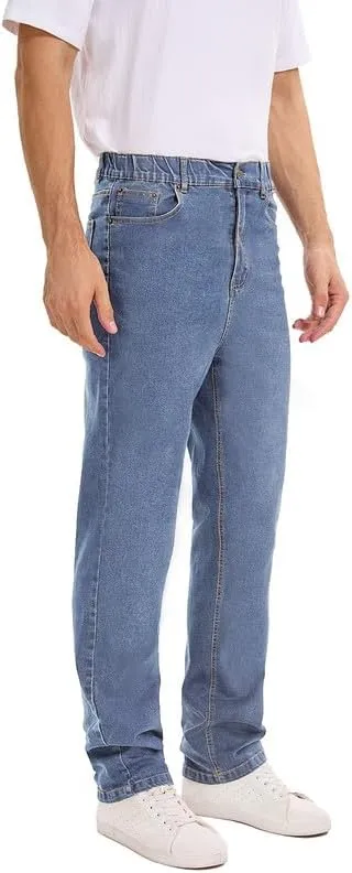 Men's Elastic Waist Jeans Stretch High Waisted Denim Jean Pants with Zipper and Button