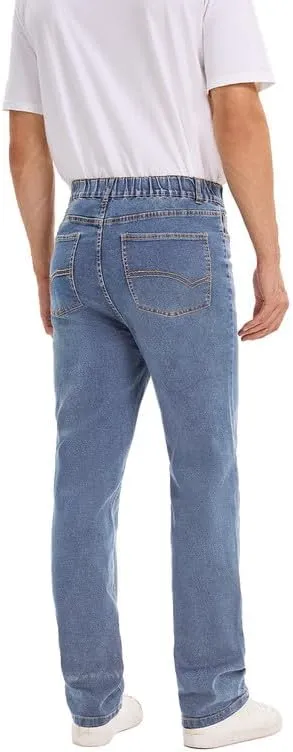Men's Elastic Waist Jeans Stretch High Waisted Denim Jean Pants with Zipper and Button