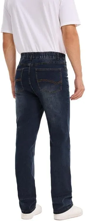 Men's Elastic Waist Jeans Stretch High Waisted Denim Jean Pants with Zipper and Button