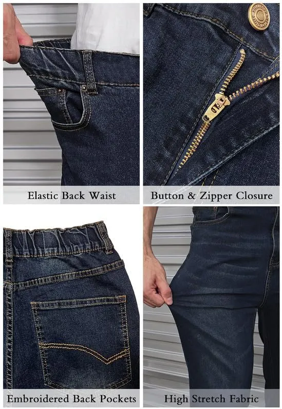 Men's Elastic Waist Jeans Stretch High Waisted Denim Jean Pants with Zipper and Button
