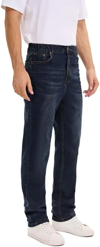 Men's Elastic Waist Jeans Stretch High Waisted Denim Jean Pants with Zipper and Button