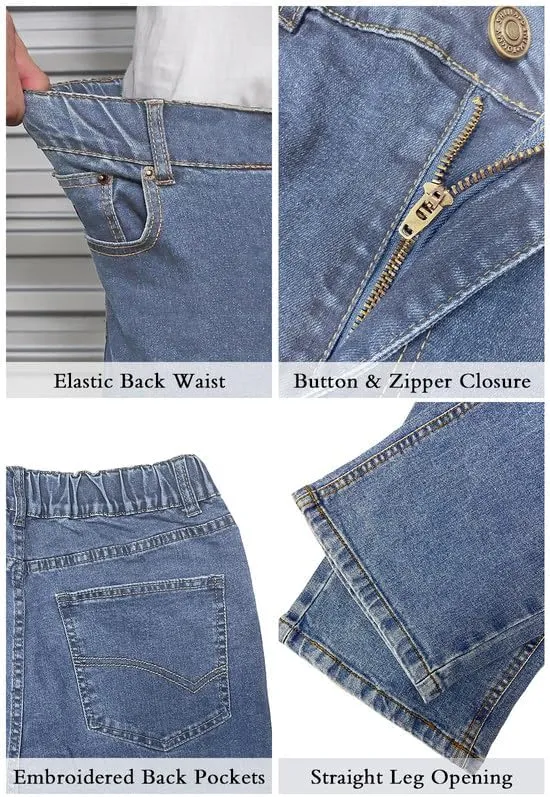 Men's Elastic Waist Jeans Stretch High Waisted Denim Jean Pants with Zipper and Button