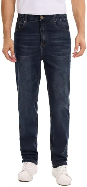 Men's Elastic Waist Jeans Stretch High Waisted Denim Jean Pants with Zipper and Button