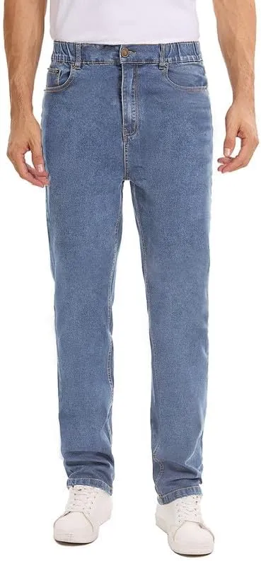Men's Elastic Waist Jeans Stretch High Waisted Denim Jean Pants with Zipper and Button