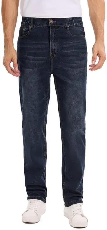Men's Elastic Waist Jeans Stretch High Waisted Denim Jean Pants with Zipper and Button