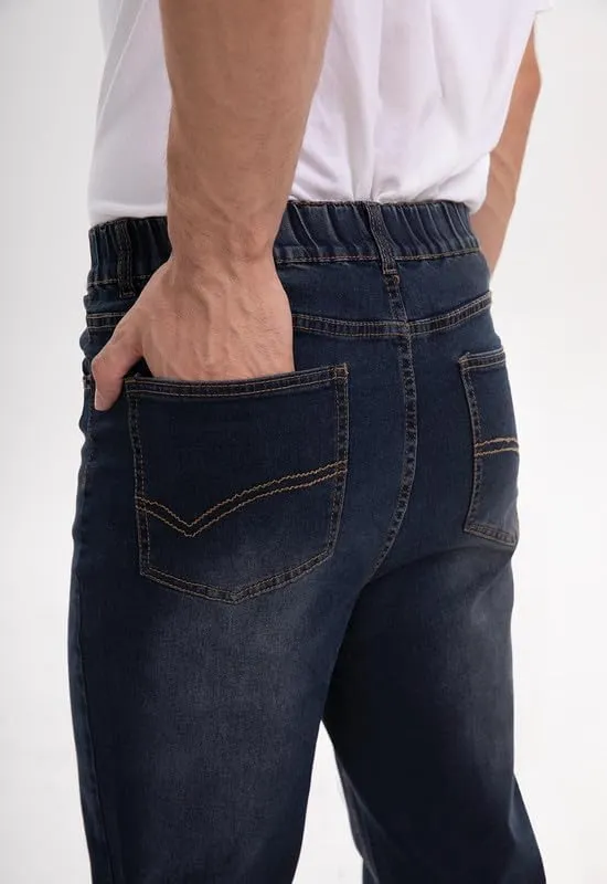 Men's Elastic Waist Jeans Stretch High Waisted Denim Jean Pants with Zipper and Button