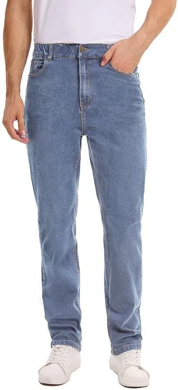 Men's Elastic Waist Jeans Stretch High Waisted Denim Jean Pants with Zipper and Button
