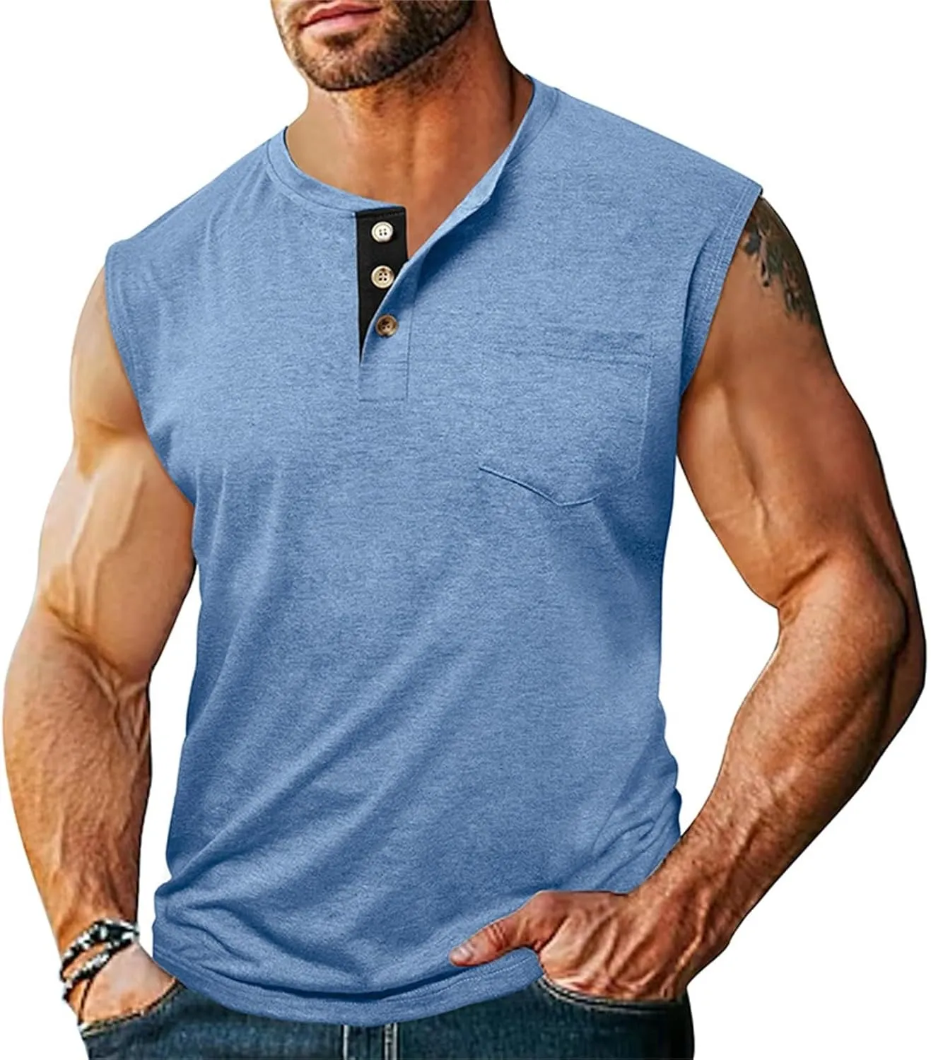 Mens Slim Fit Muscle Tank Tops Sleeveless Round Neck Workout Gym Big and Tall Button up Henley Shirt Casual Basic