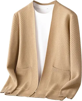 Men's V-Neck Stretchy Fleece Sweater Solid Color Casual Cardigan Coats Slim Soft Stylish Knitted Coats