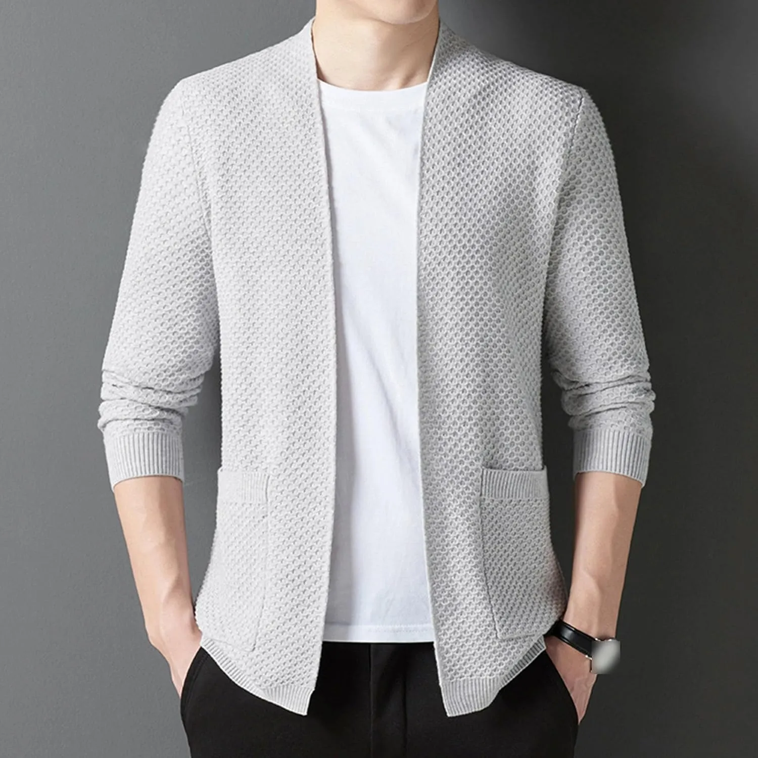 Men's V-Neck Stretchy Fleece Sweater Solid Color Casual Cardigan Coats Slim Soft Stylish Knitted Coats