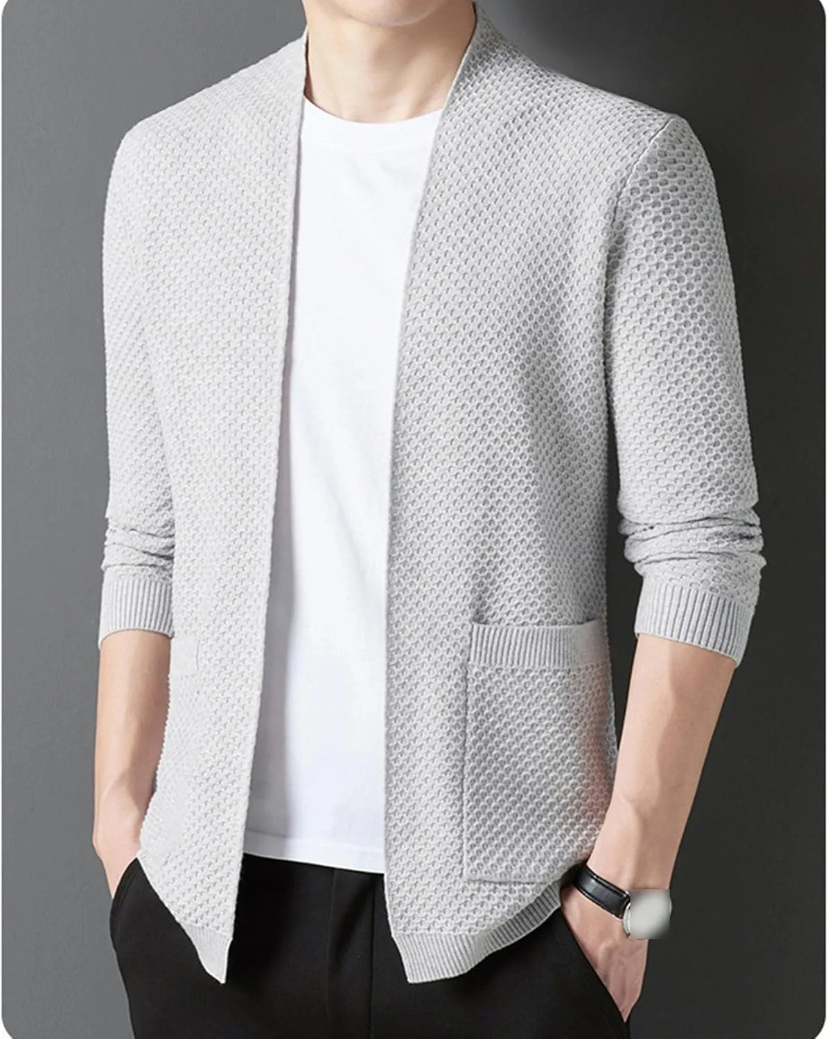Men's V-Neck Stretchy Fleece Sweater Solid Color Casual Cardigan Coats Slim Soft Stylish Knitted Coats