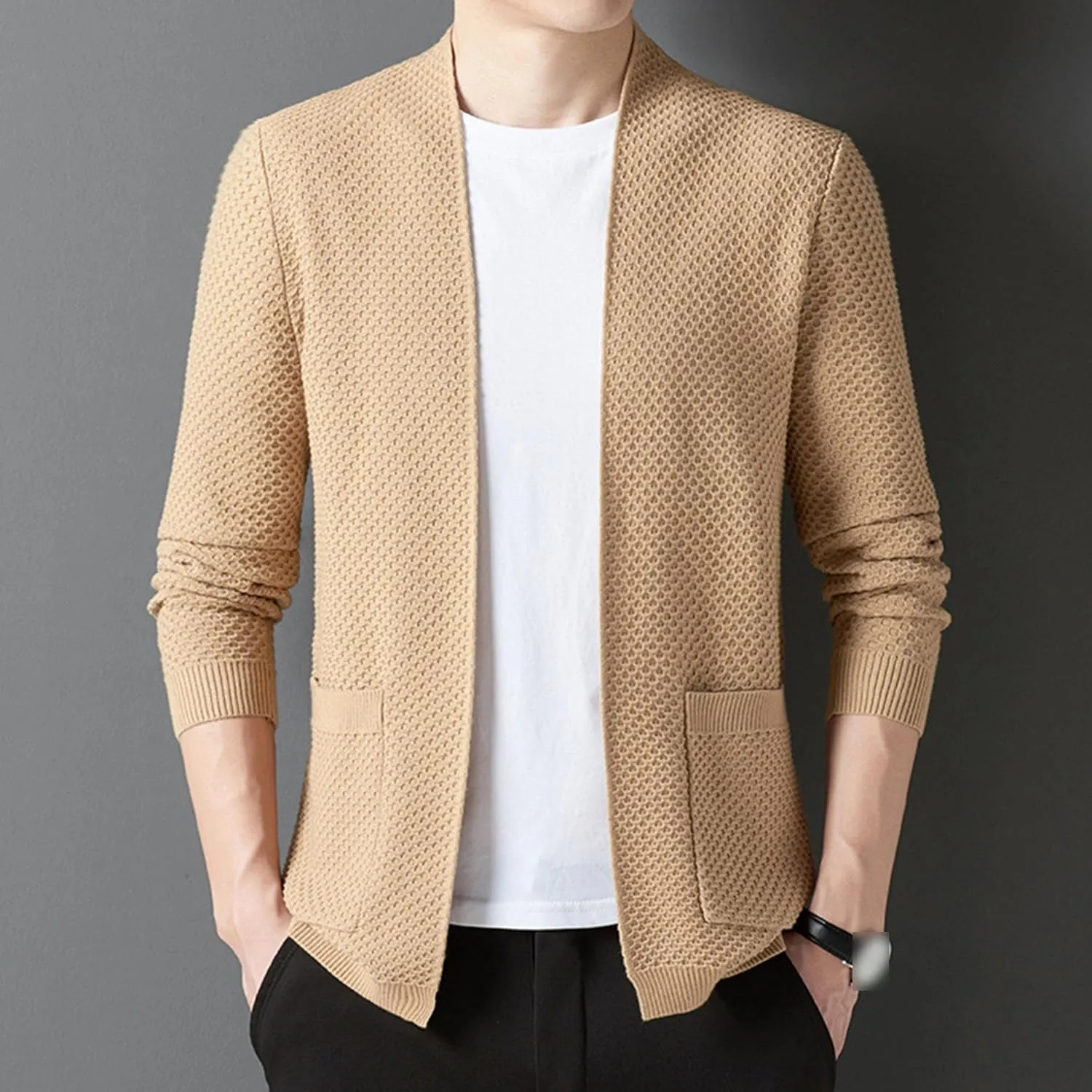 Men's V-Neck Stretchy Fleece Sweater Solid Color Casual Cardigan Coats Slim Soft Stylish Knitted Coats