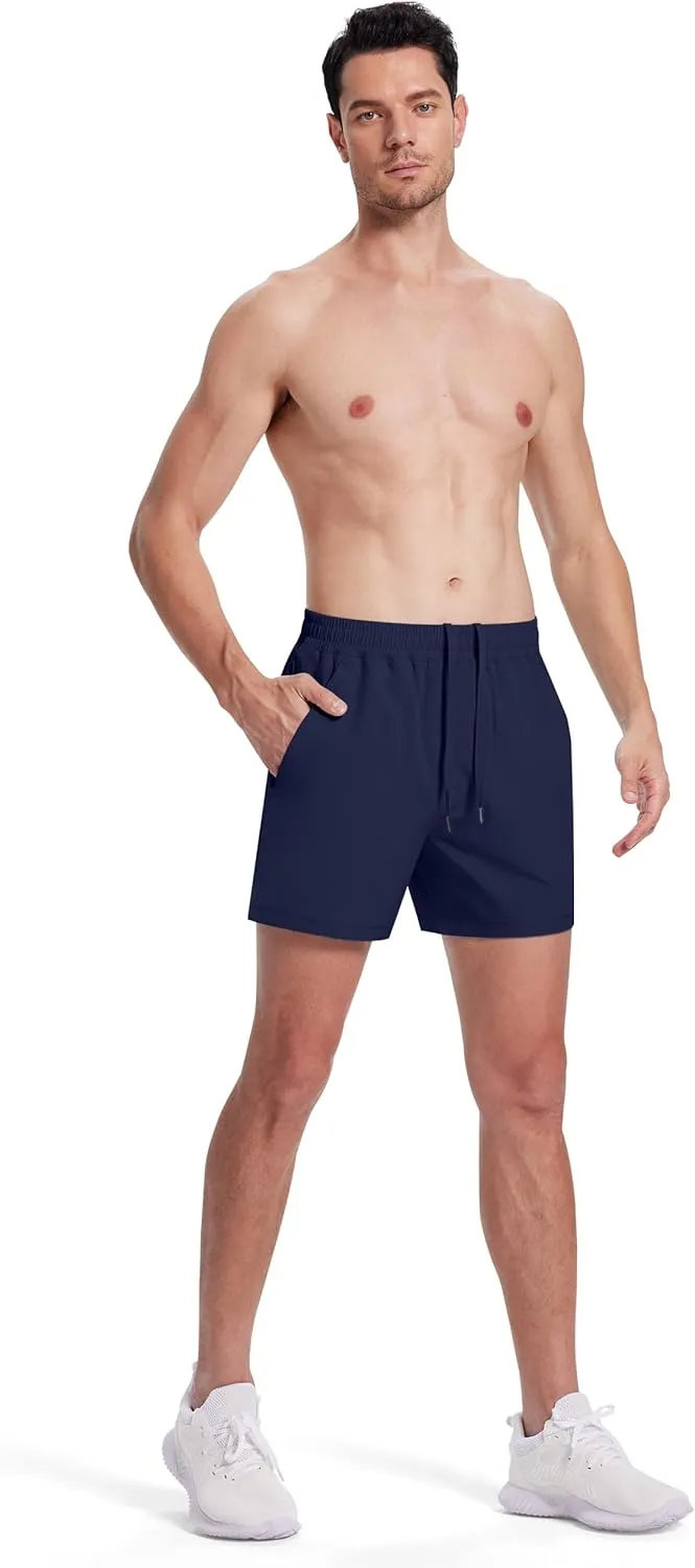 Mens Workout Athletic Shorts 5" with Zipper Pockets Linerless Quick Dry Stretch Lightweight Gym Running Shorts