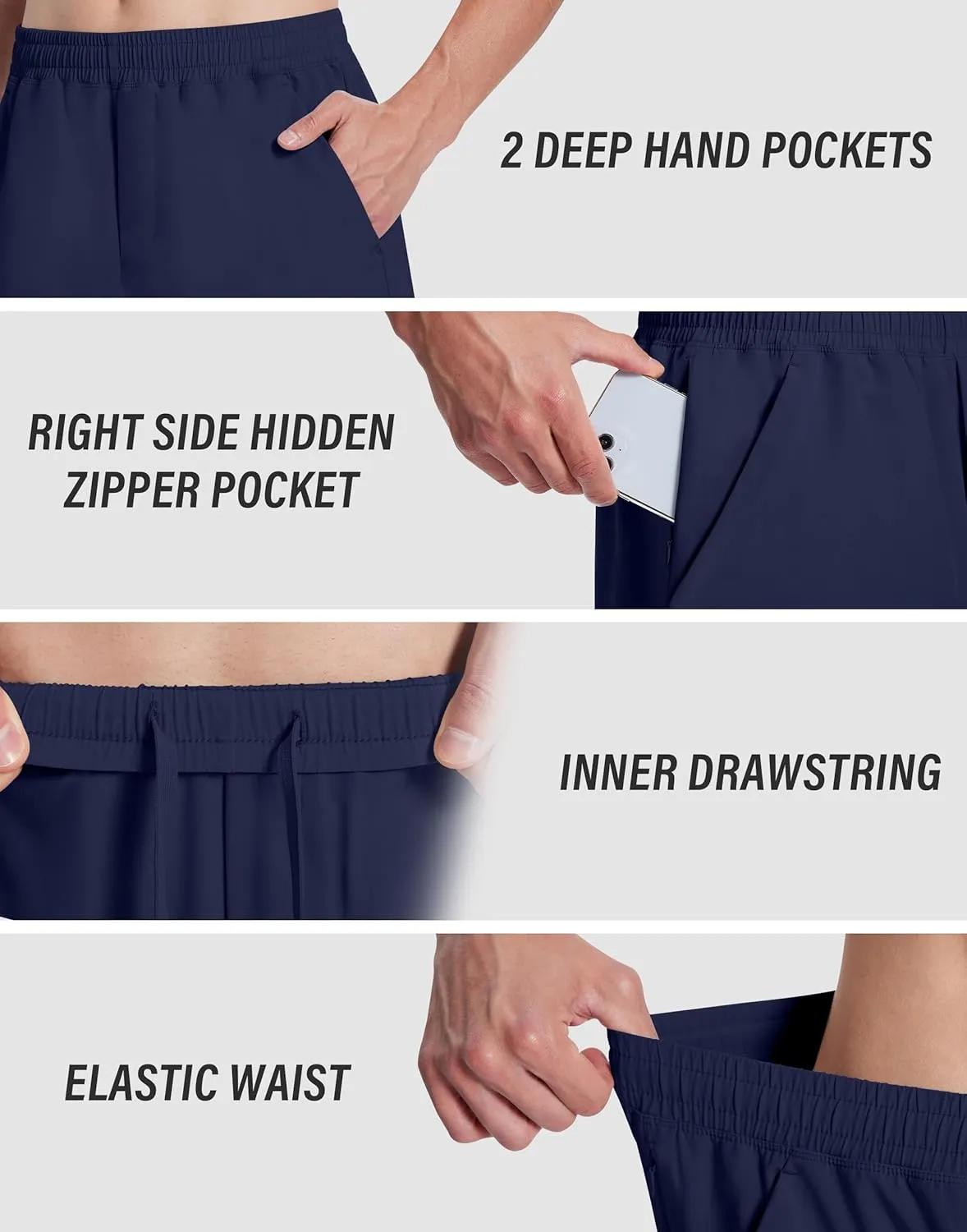 Mens Workout Athletic Shorts 5" with Zipper Pockets Linerless Quick Dry Stretch Lightweight Gym Running Shorts