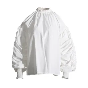 Minimalist Shirt For Women Stand Collar Lantern Sleeve Patchwork Folds Off Shoulder Loose Eleagnt Blouse Female