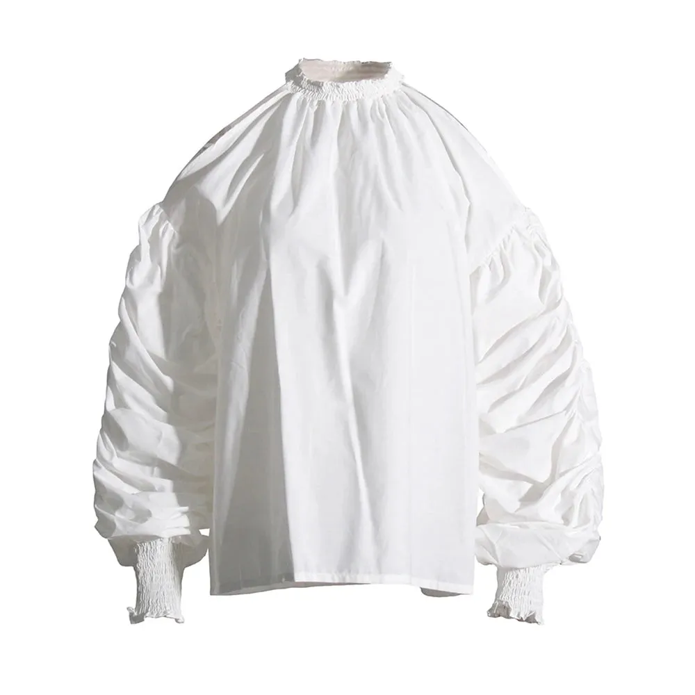 Minimalist Shirt For Women Stand Collar Lantern Sleeve Patchwork Folds Off Shoulder Loose Eleagnt Blouse Female