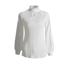 Minimalist Shirts For Women Round Neck Long Sleeve Pleated Spliced Single Breasted Blouse Female Fashion Style