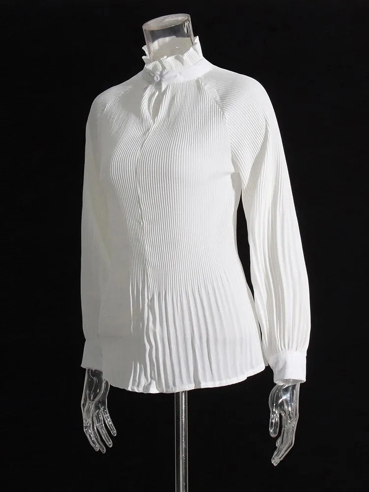Minimalist Shirts For Women Round Neck Long Sleeve Pleated Spliced Single Breasted Blouse Female Fashion Style