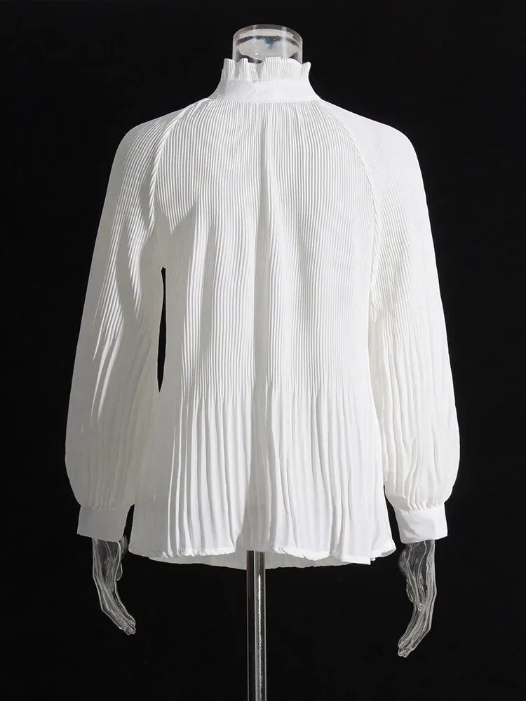 Minimalist Shirts For Women Round Neck Long Sleeve Pleated Spliced Single Breasted Blouse Female Fashion Style