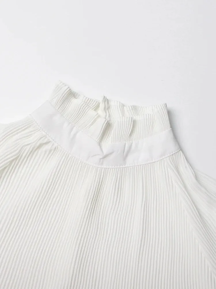 Minimalist Shirts For Women Round Neck Long Sleeve Pleated Spliced Single Breasted Blouse Female Fashion Style