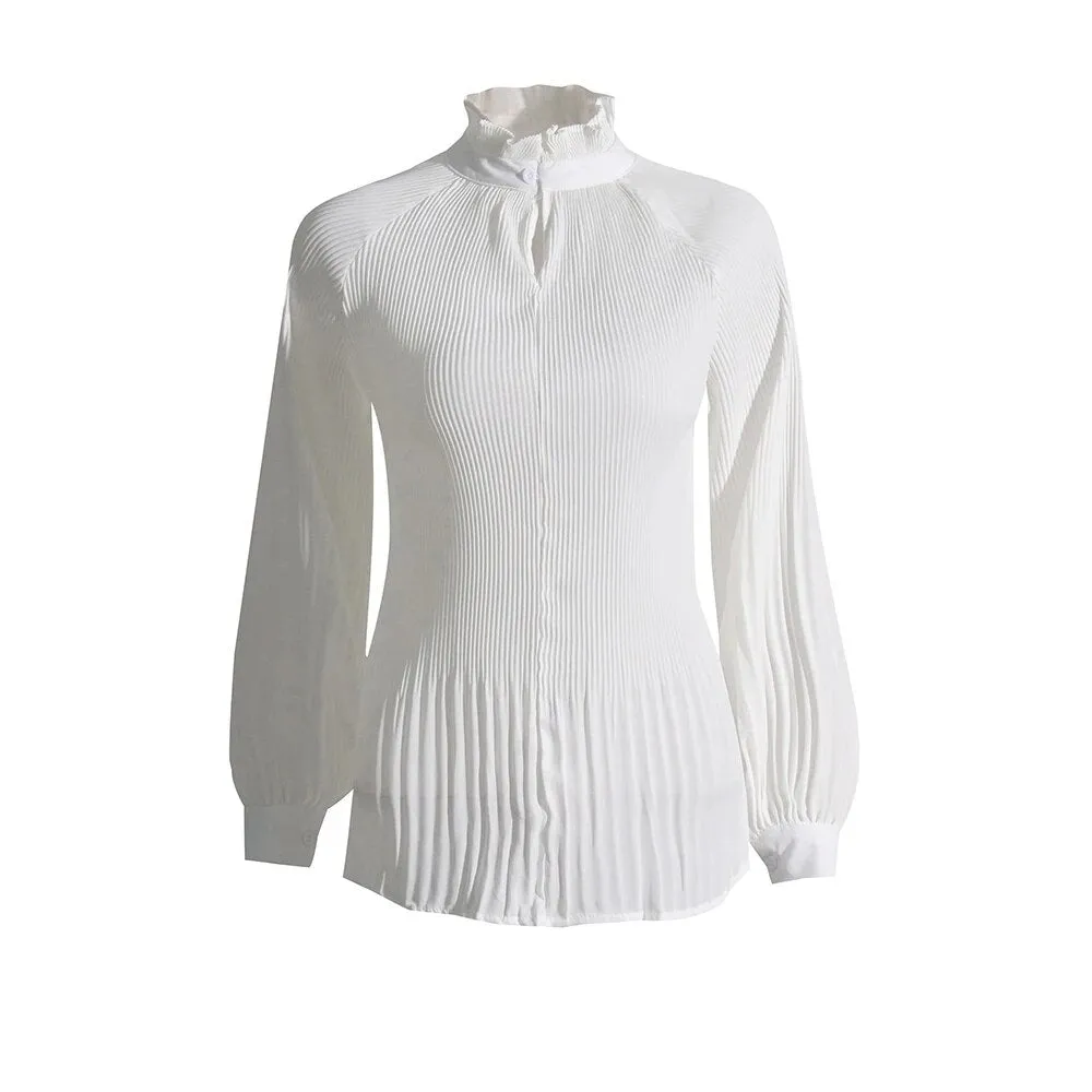 Minimalist Shirts For Women Round Neck Long Sleeve Pleated Spliced Single Breasted Blouse Female Fashion Style