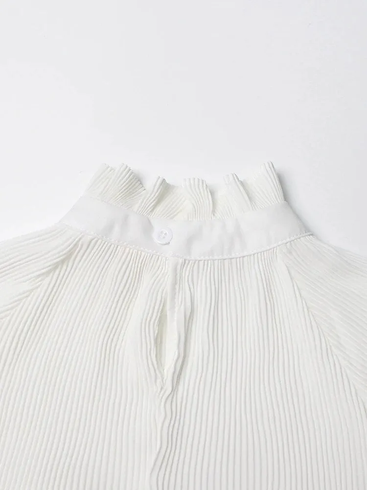 Minimalist Shirts For Women Round Neck Long Sleeve Pleated Spliced Single Breasted Blouse Female Fashion Style