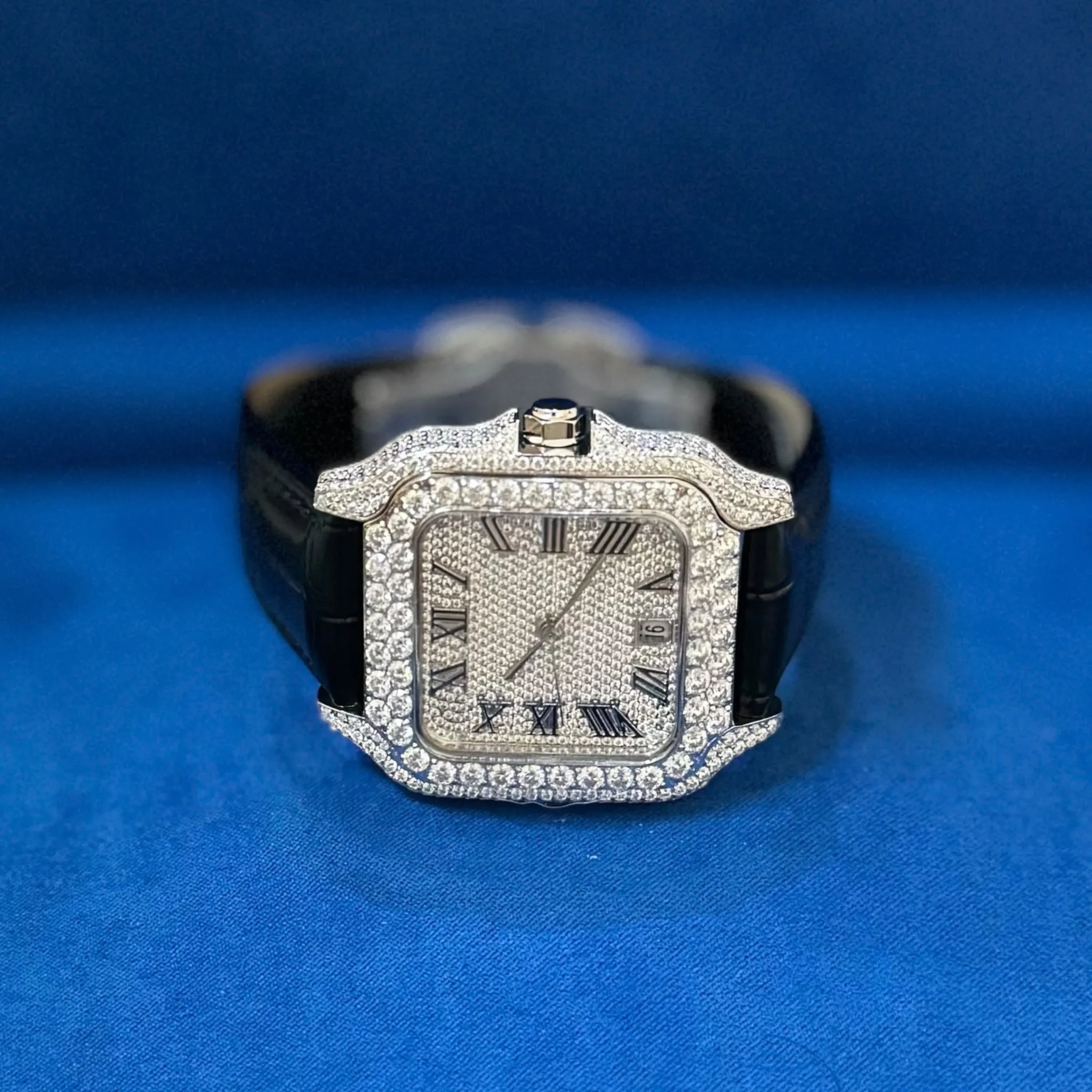 Moissanite Black Croco Half Iced Leather Band Watch Bezel 9.6ct