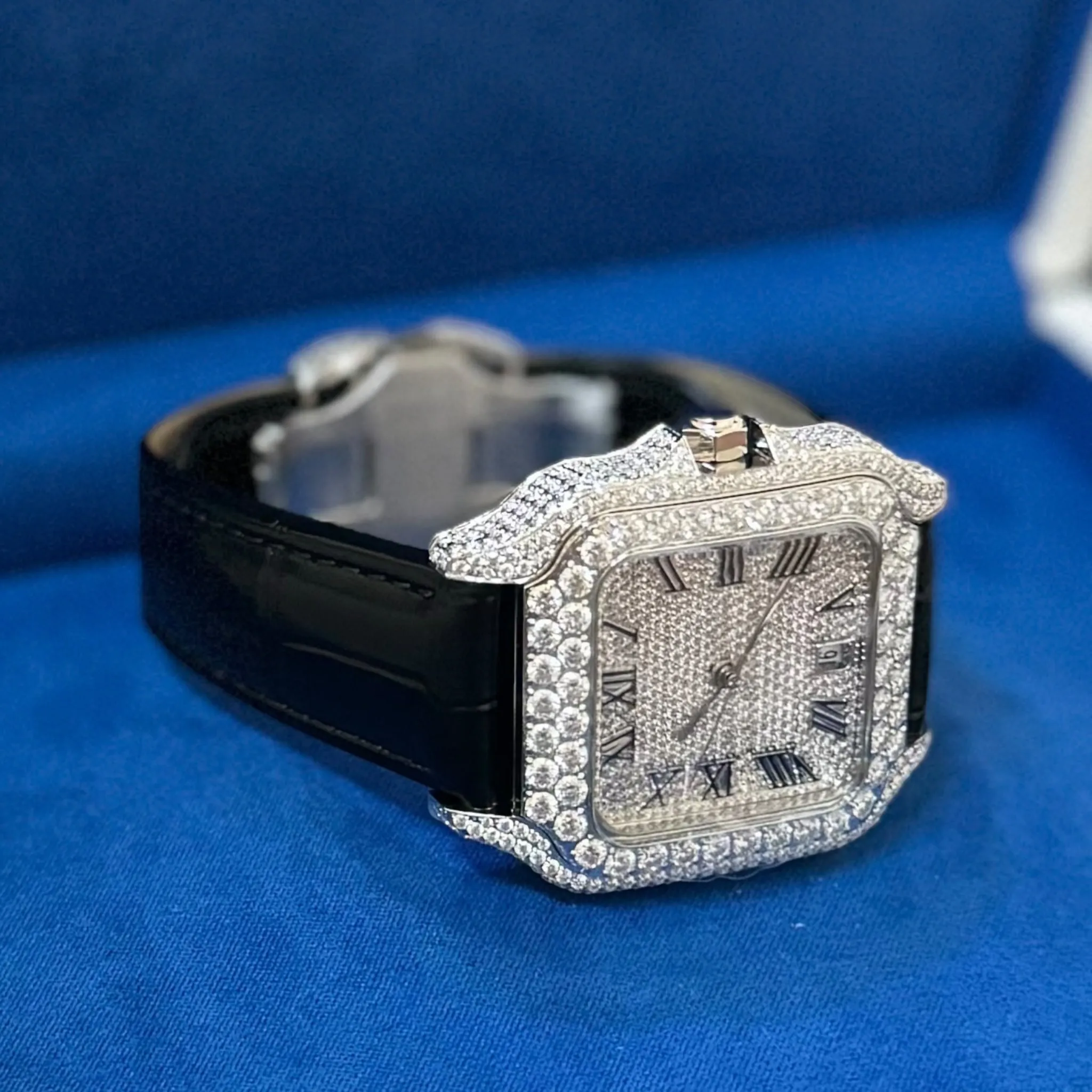 Moissanite Black Croco Half Iced Leather Band Watch Bezel 9.6ct