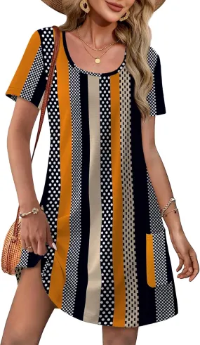 OFEEFAN Summer Dresses for Women 2025 Loose U Neck Short Sleeve Casual Beach Vacation Tshirt Dress Sundresses wih Pockets