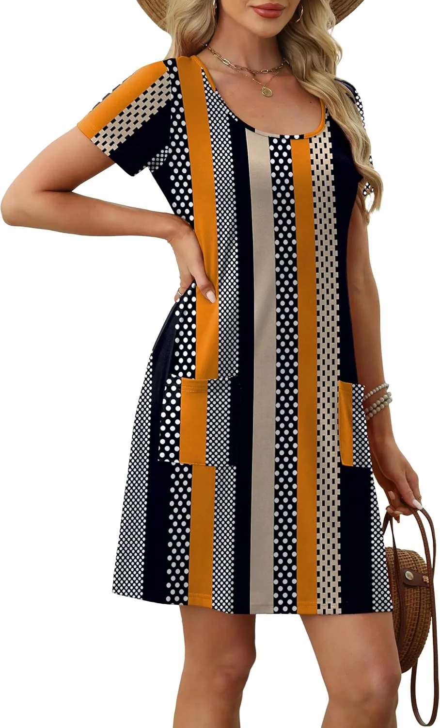 OFEEFAN Summer Dresses for Women 2025 Loose U Neck Short Sleeve Casual Beach Vacation Tshirt Dress Sundresses wih Pockets