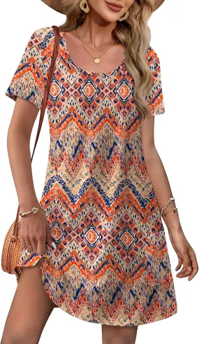 OFEEFAN Summer Dresses for Women 2025 Loose U Neck Short Sleeve Casual Beach Vacation Tshirt Dress Sundresses wih Pockets