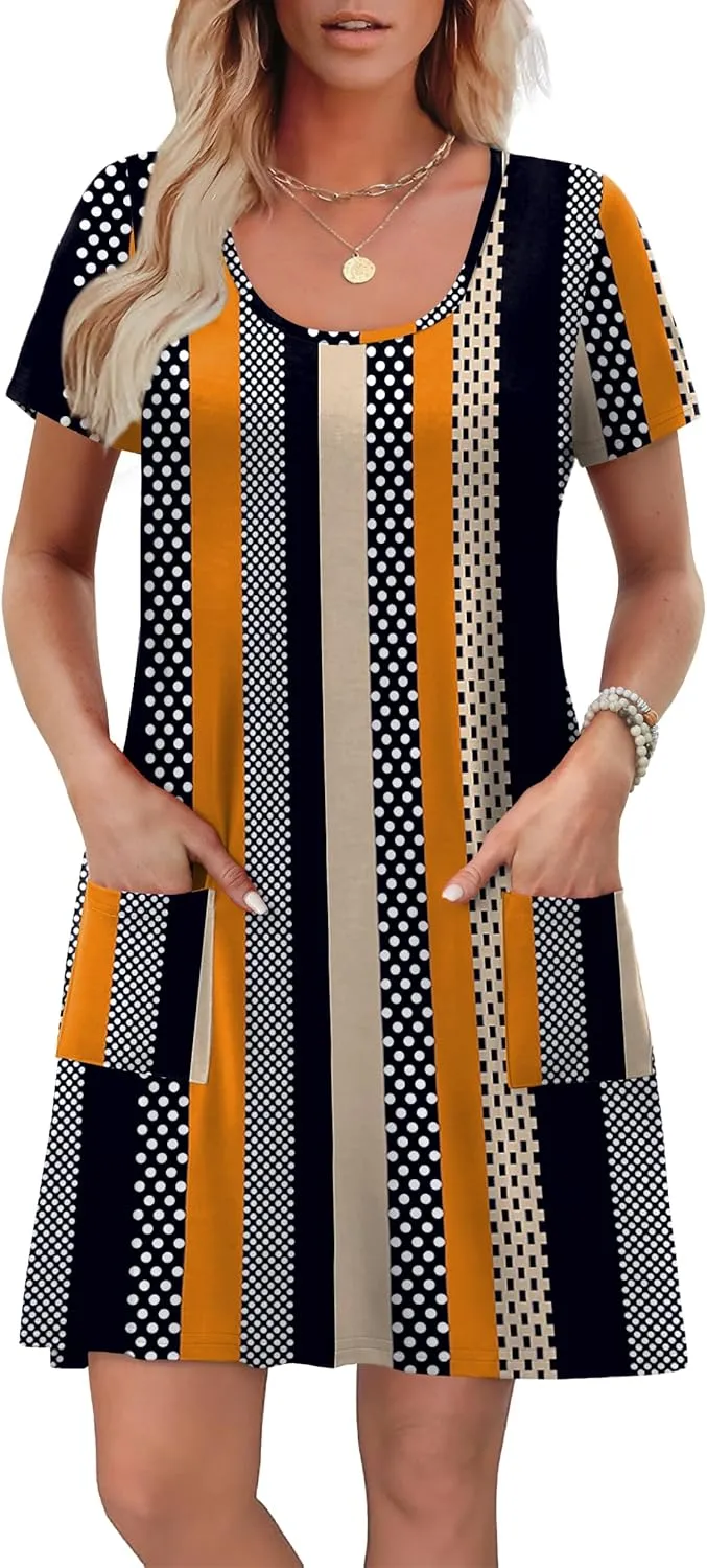 OFEEFAN Summer Dresses for Women 2025 Loose U Neck Short Sleeve Casual Beach Vacation Tshirt Dress Sundresses wih Pockets