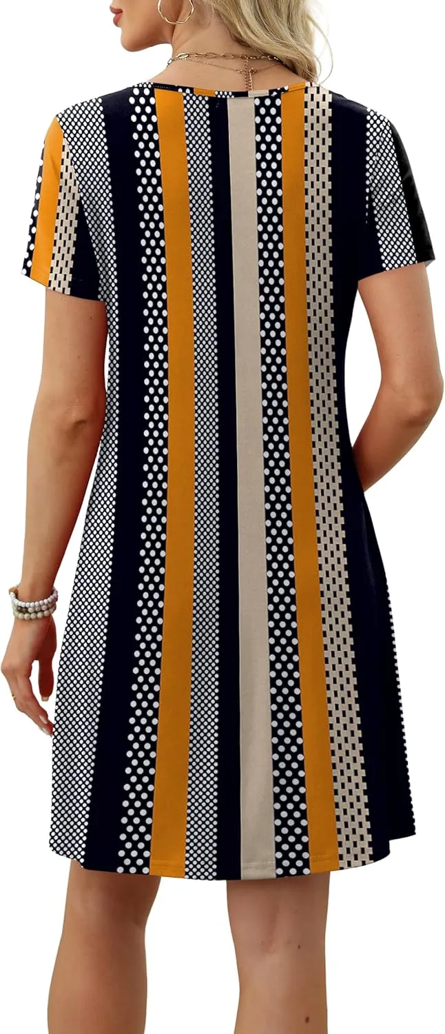 OFEEFAN Summer Dresses for Women 2025 Loose U Neck Short Sleeve Casual Beach Vacation Tshirt Dress Sundresses wih Pockets