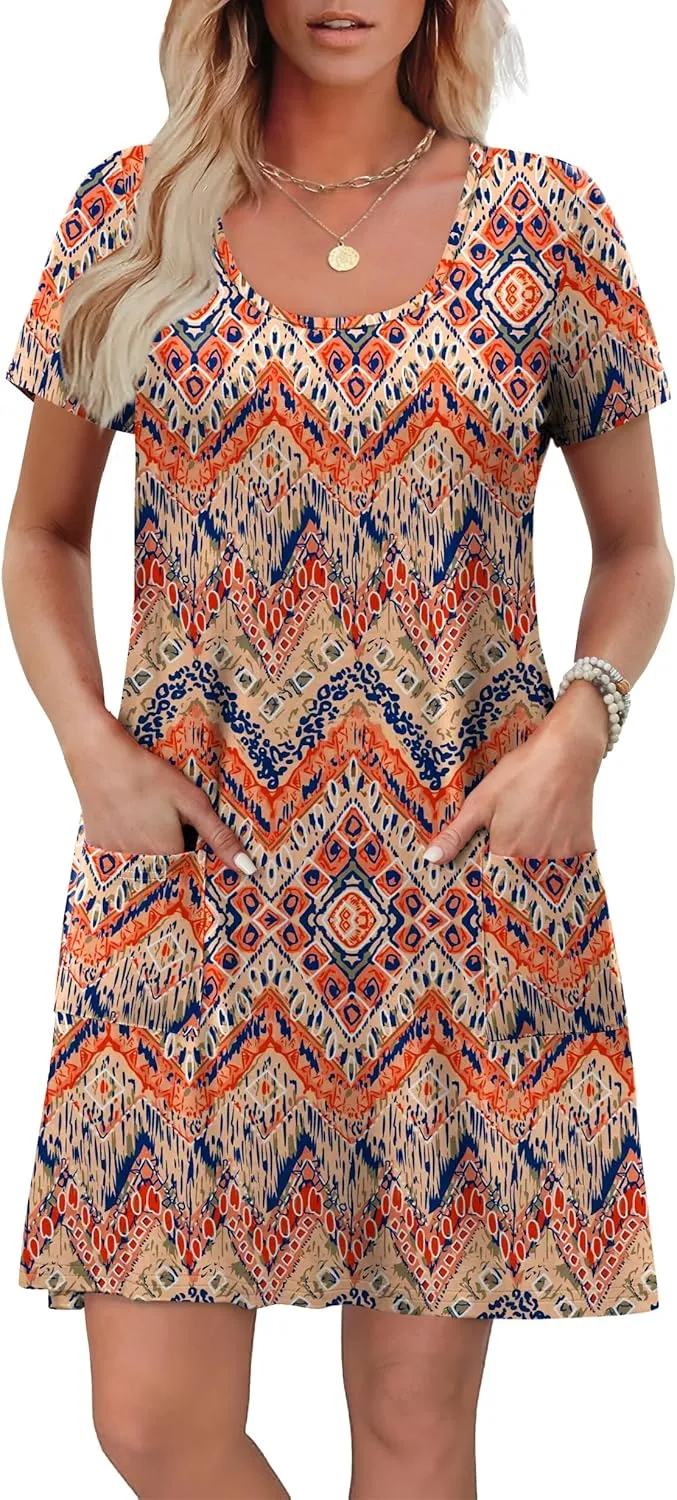 OFEEFAN Summer Dresses for Women 2025 Loose U Neck Short Sleeve Casual Beach Vacation Tshirt Dress Sundresses wih Pockets