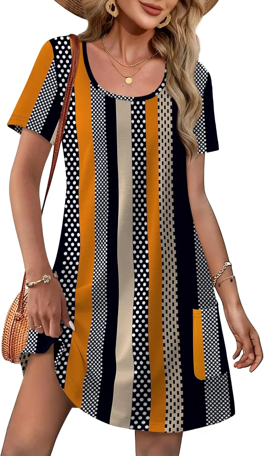 OFEEFAN Summer Dresses for Women 2025 Loose U Neck Short Sleeve Casual Beach Vacation Tshirt Dress Sundresses wih Pockets