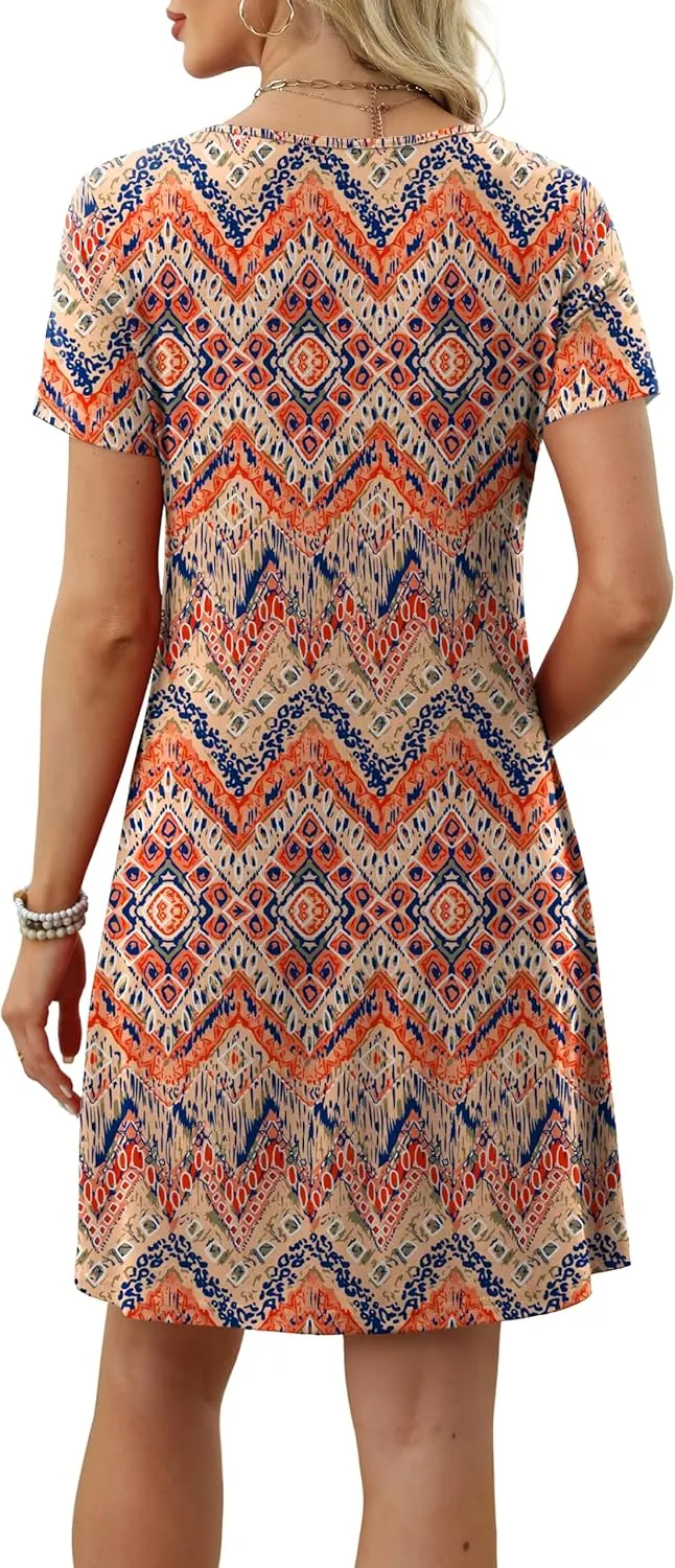 OFEEFAN Summer Dresses for Women 2025 Loose U Neck Short Sleeve Casual Beach Vacation Tshirt Dress Sundresses wih Pockets