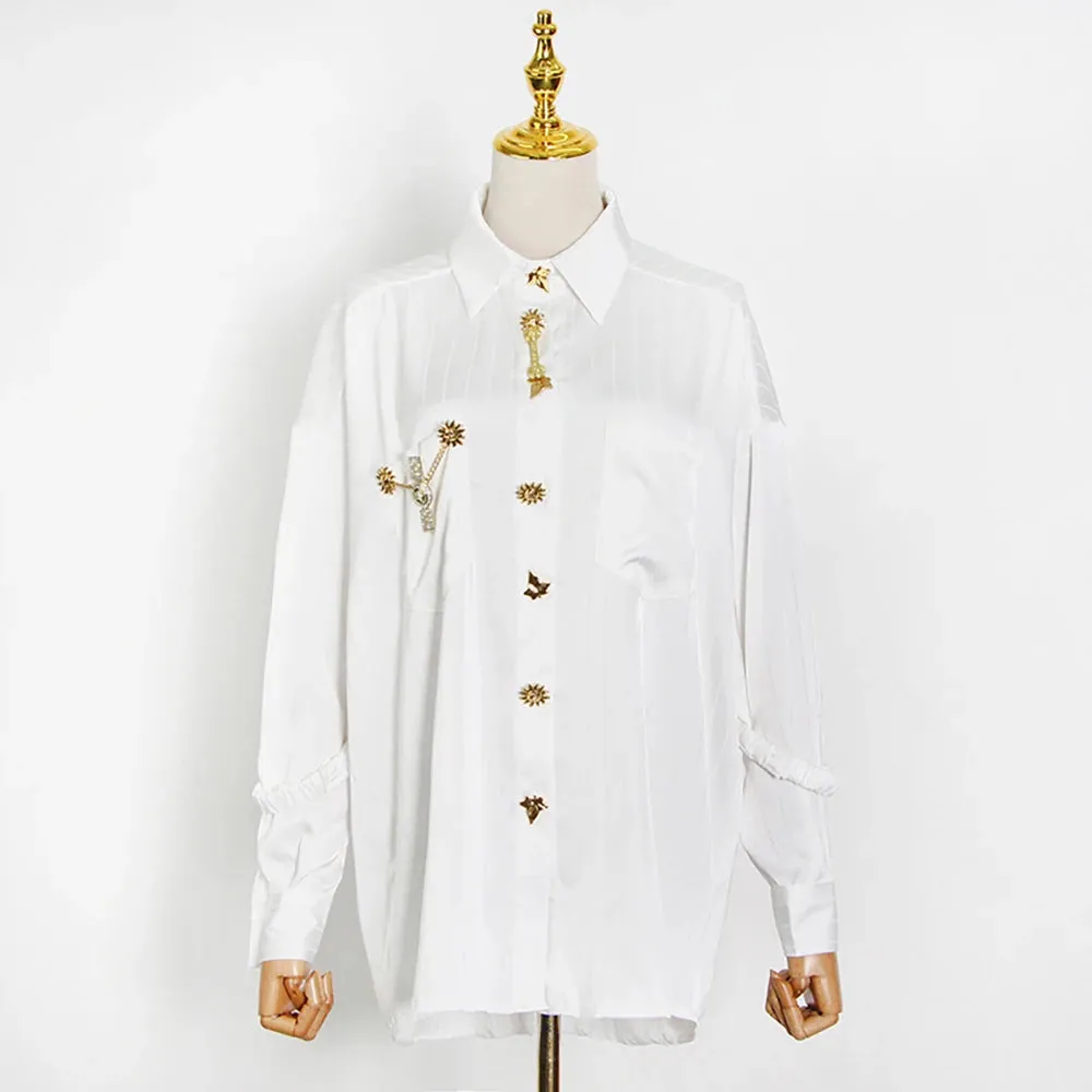 Patchwork Metal Buckle Casual Blouses For Women Lapel Long Sleeve Spliced Single Breasted Minimalist Loose Shirts Female
