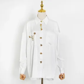Patchwork Metal Buckle Casual Blouses For Women Lapel Long Sleeve Spliced Single Breasted Minimalist Loose Shirts Female