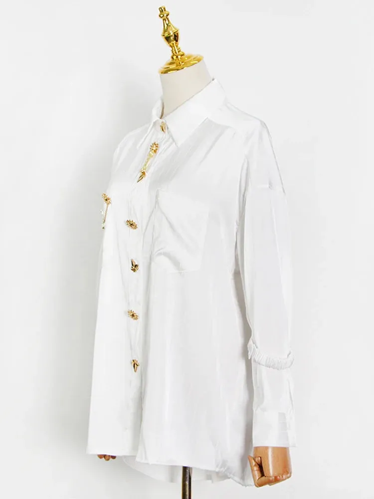 Patchwork Metal Buckle Casual Blouses For Women Lapel Long Sleeve Spliced Single Breasted Minimalist Loose Shirts Female