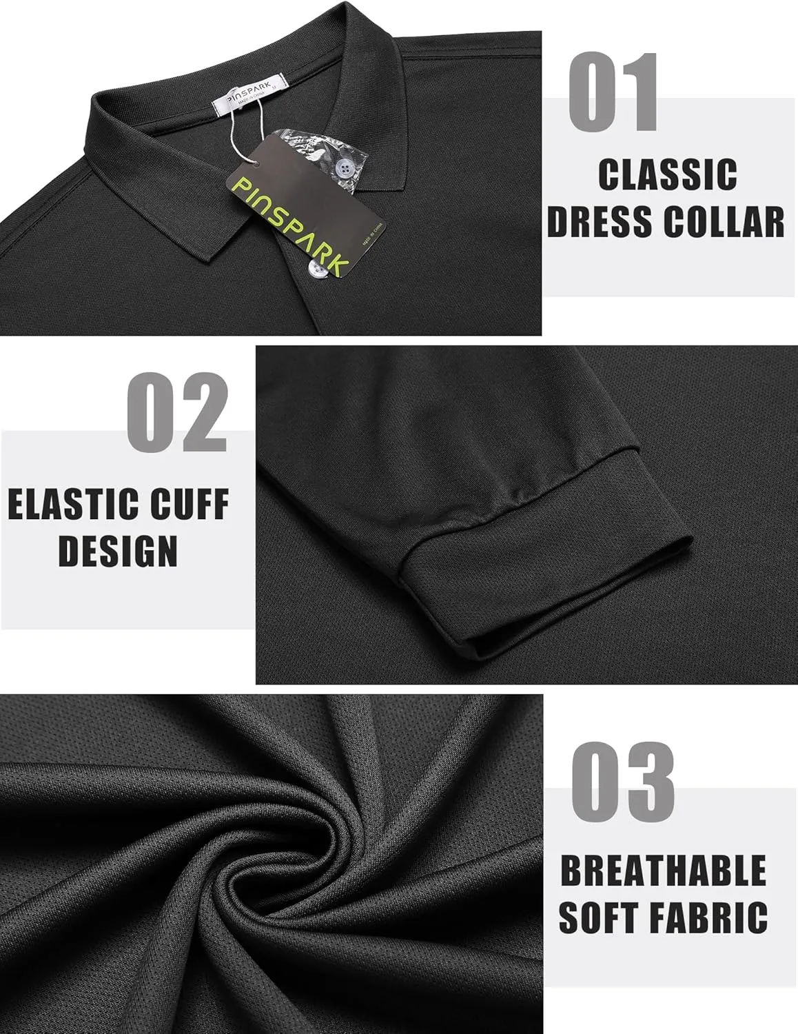 PINSPARK Long Sleeve Polo Shirts for Men Moisture Wicking Golf Shirts Quick Dry Work Hiking Casual Collared Shirt