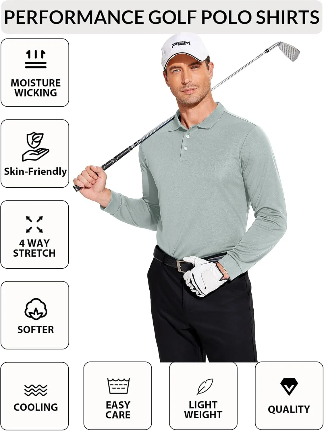 PINSPARK Long Sleeve Polo Shirts for Men Moisture Wicking Golf Shirts Quick Dry Work Hiking Casual Collared Shirt