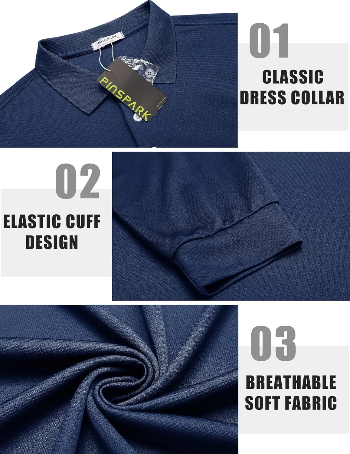 PINSPARK Long Sleeve Polo Shirts for Men Moisture Wicking Golf Shirts Quick Dry Work Hiking Casual Collared Shirt