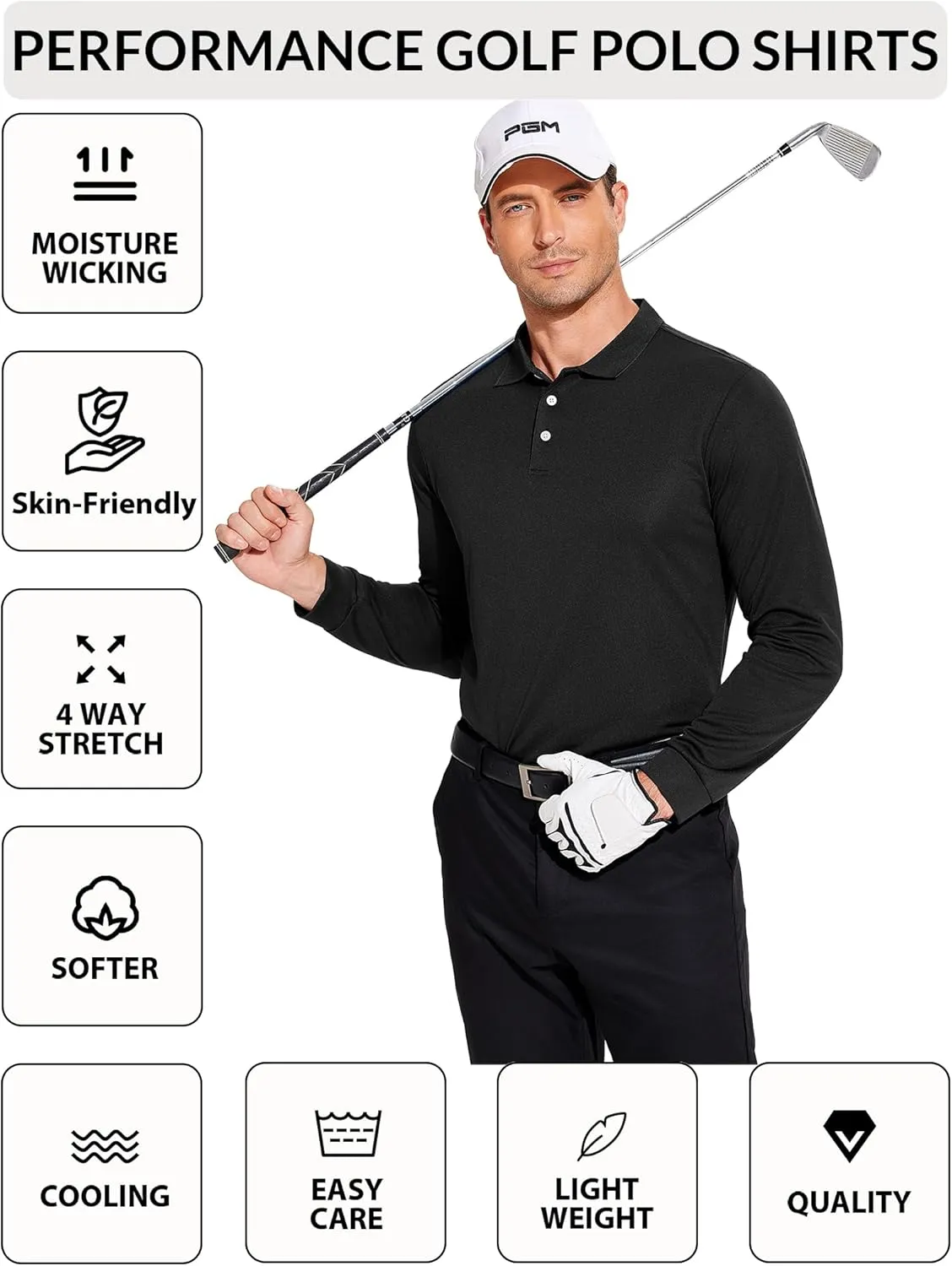 PINSPARK Long Sleeve Polo Shirts for Men Moisture Wicking Golf Shirts Quick Dry Work Hiking Casual Collared Shirt